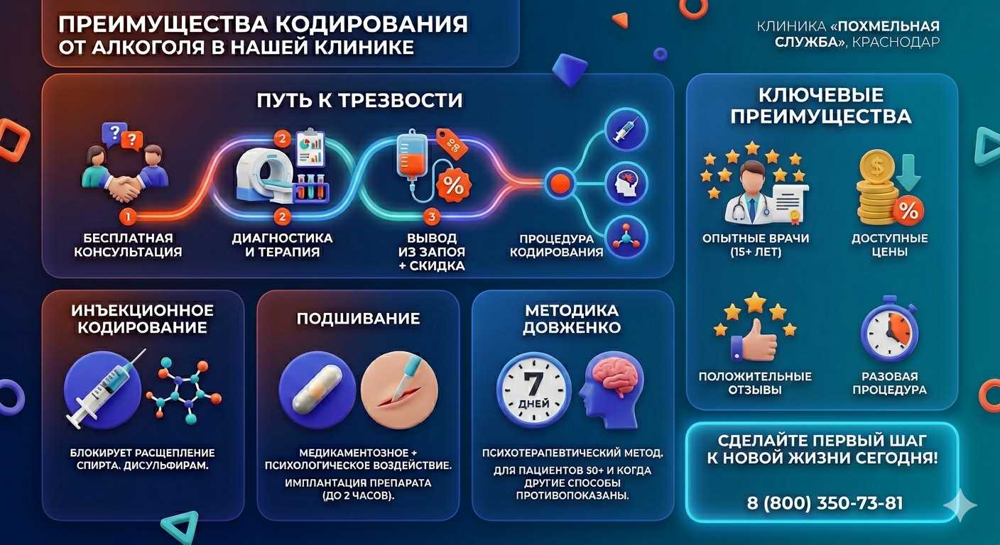Инфографика о методах кодирования от алкоголя в Кондрово: инъекции, подшивание, метод Довженко. Преимущества клиники и этапы лечения.