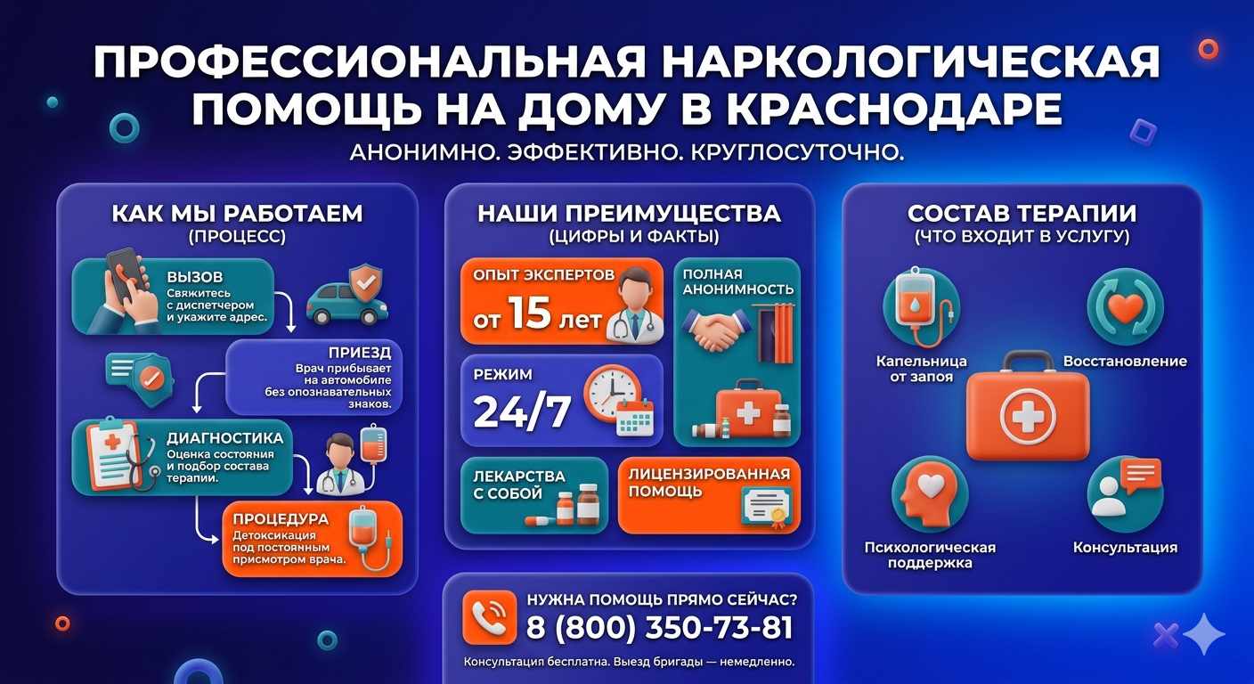 Инфографика о принципах лечения алкоголизма на дому в Кондрово: этапы вызова нарколога, преимущества анонимной детоксикации и состав медицинской помощи.